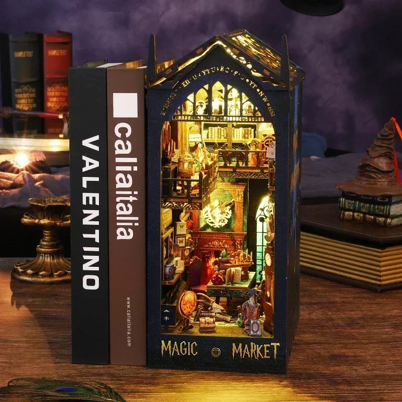 NEW DIY Wooden Book Nook Magic Market Doll House Kit with Light, 3D Puzzle Bookshelf Assembly Bookend for Adults Birthday Gifts