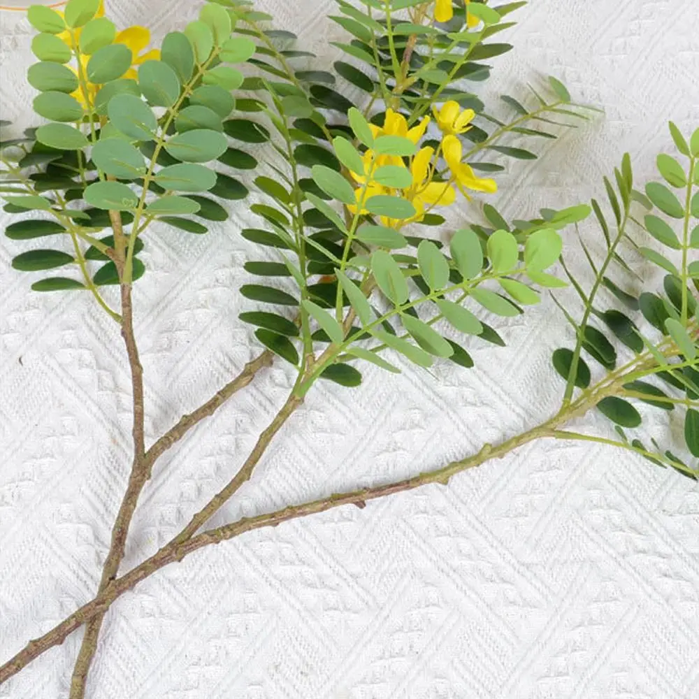 Plastic Artificial Locust Tree Branch with Green Leaves Elegant Simulated Yellow Locust Flowers Handmade Realistic Fake Flowers