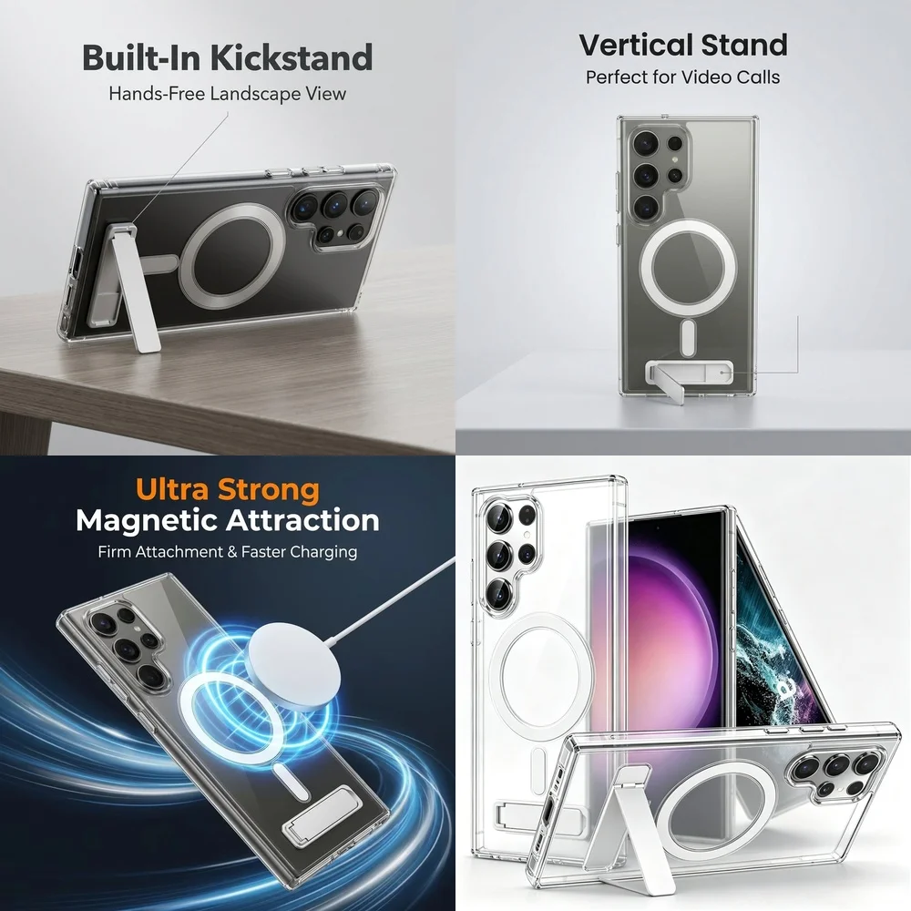 Magnetic Stand Cover for Samsung Galaxy S21 S22 S23 FE S24 Ultra Plus S25 S26 Frosted Shockproof Wireless Charging Hard Back