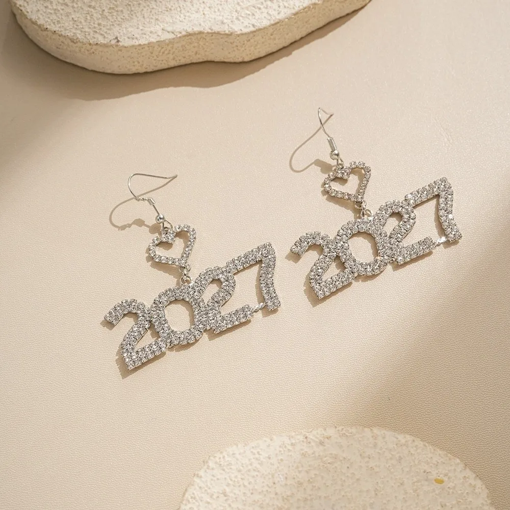 Trendy Elegant 2027 Digital Earrings Rhinestone Fashion Happy New Year Earrings Shiny Long Drop Stud Earrings Daily