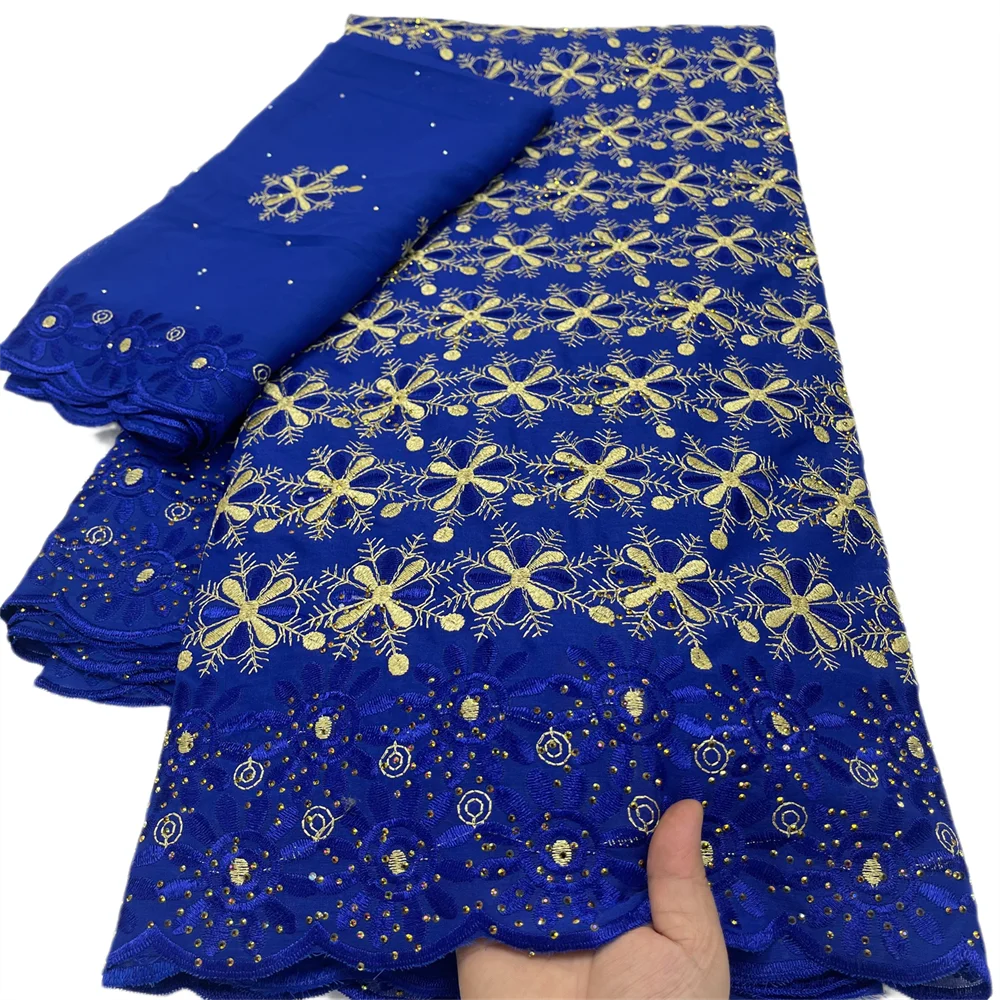 2025 Newest Blue 5+2 Yards Design Swiss Voile Lace Fabric Nigerian Cotton Dry Lace With Stones For Sewing Women Evening Party 65