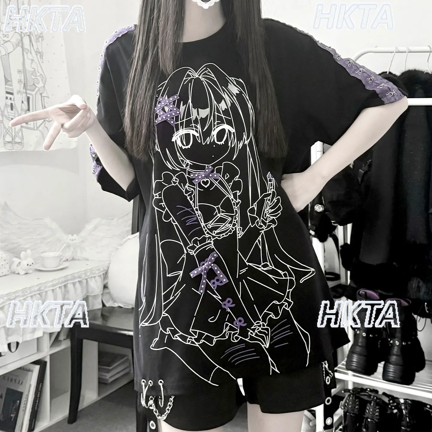 Subculture Y2k Two Dimensional Print Polka Dot Bow Color Matching Tshirt Dark Goth Loose Short Sleeved T Shirt Black Top Women