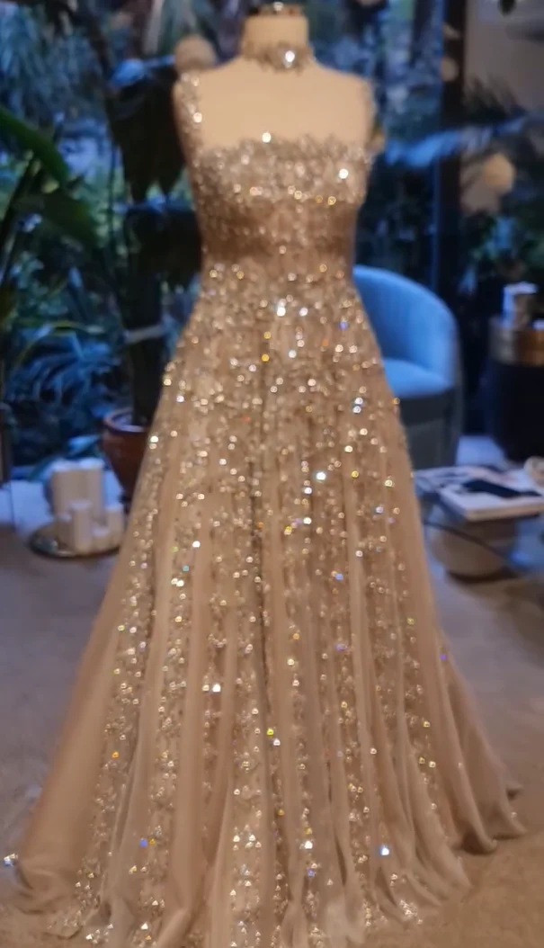 Plus Size Vows Customized Women's Evening Dresses Handmade Crystals Beading A Line Square Collor Sweep Train Midnight Prom Gowns