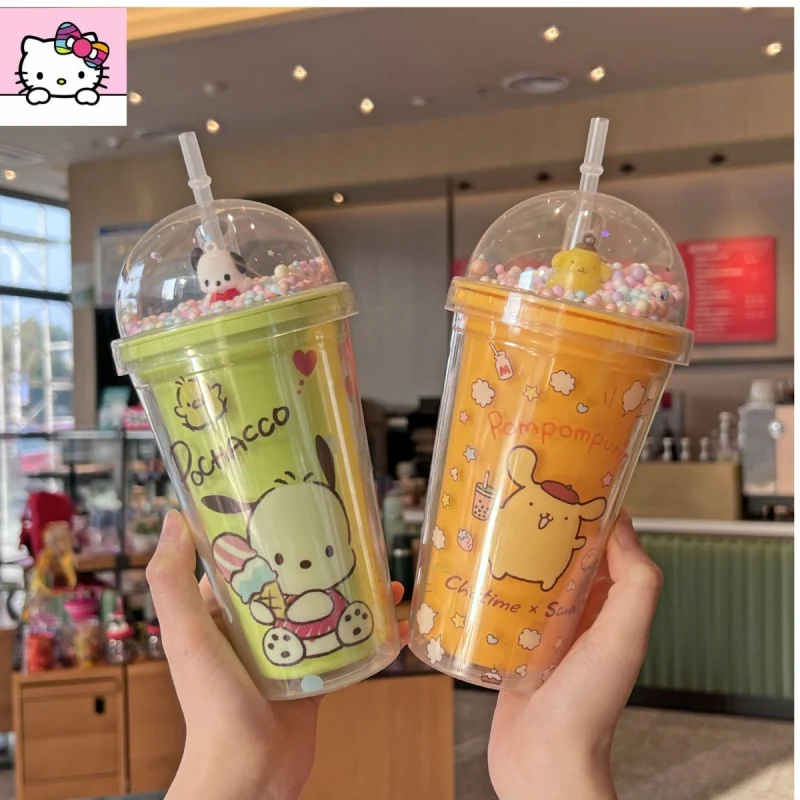 sanrio kawaii water bottle creative summer plastic cup double layer cute cartoon kuromi straw water cup doll anime birthday gift