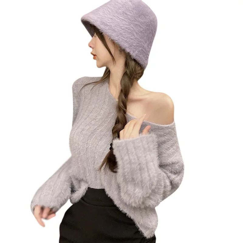 Women's V-neck Knit Sweater Loose Short Section Pullover Long Sleeve Tops