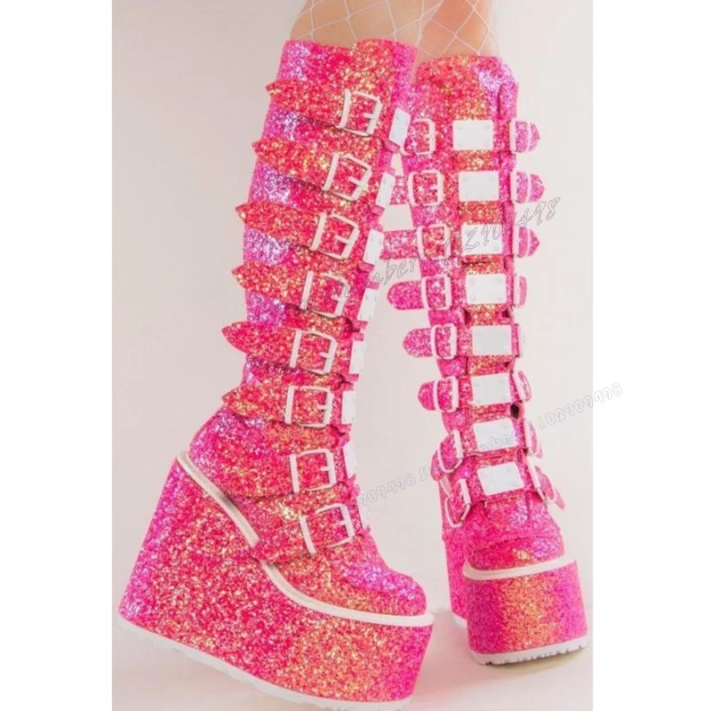 

Rose Red Glitter Wedges Heels Boots Strappy Buckle Round Toe Shoes for Women Mid Calf Y2K Punk Shoes 2023 Zapatos Para Mujere