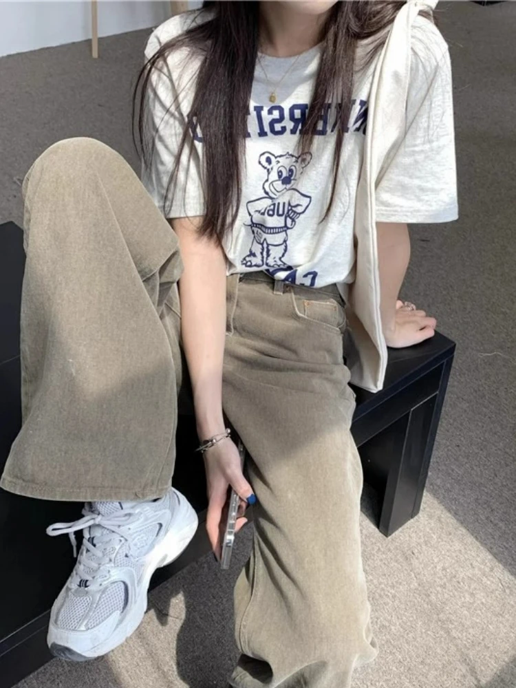 

Vintage Letter Print Short Sleeve T Shirt Women Fashion Casual Round Collar Grey Top Female Summer Korea Chic Loose Tops Girl