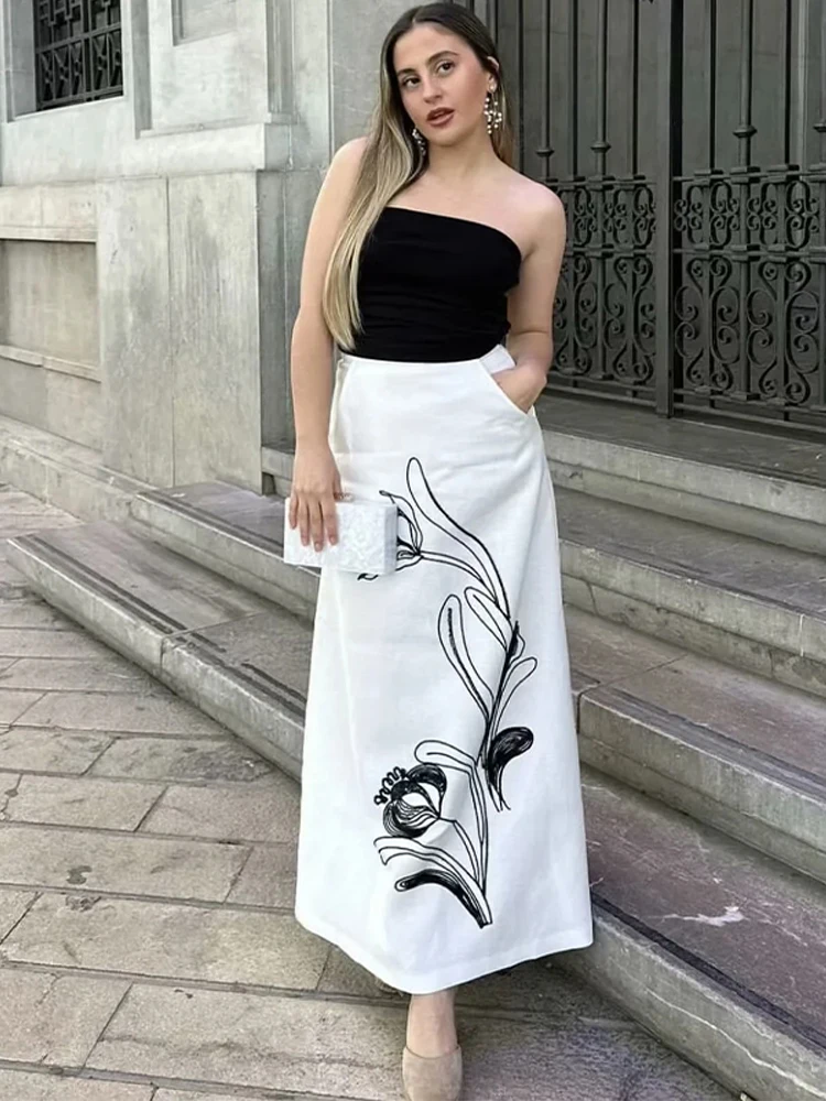 

Women Chic Printed Long Half Skirt Elegant High Waist Pocket A Line Dress Summer Female Street Wear Office Lady Commuting Skirts