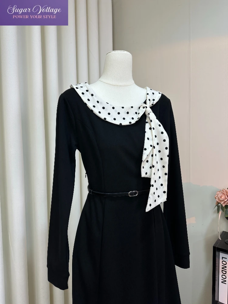 

Французское винтажное элегантное платье, женское тонкое платье трапециевидной формы с круглым вырезом в горошек на шнуровке и длинными рукавами, осеннее повседневное модное вечернее шикарное платье