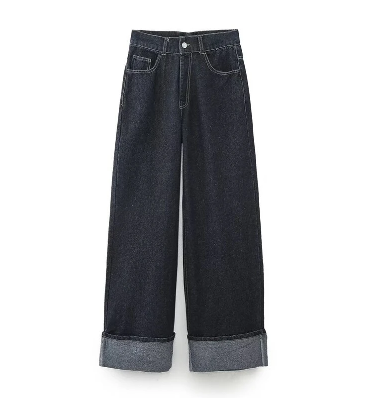 

High Waist Wide Leg Jeans Women's Autumn New Sle Versatile Slim Fit Cuffed Long Pants Deep Blue High Quali Denim