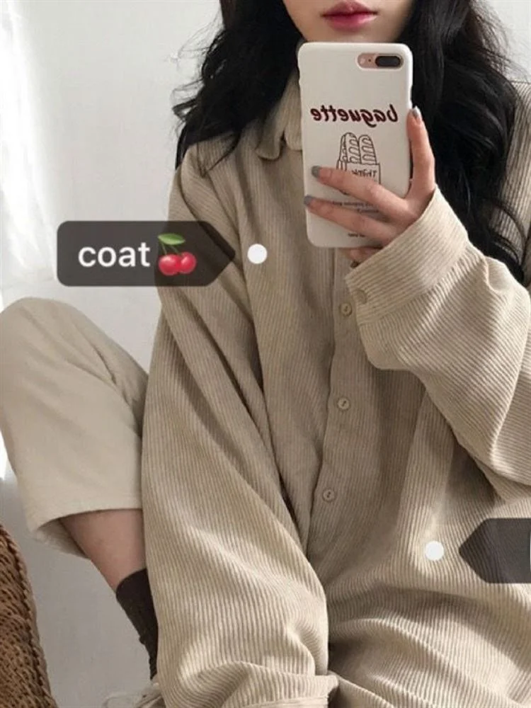 

Corduroy Oversized Long Sve Jaet Women's Autumn Street Sle Lazy Ghost Girl Theme irt Single Piece Non-Brand Faion