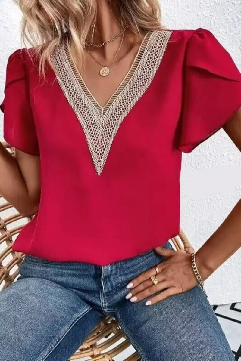 เสื้อผู้หญิงฤดูร้อน 2023 คอวี สีพื้น ลายดอกไม้ ดีไซน์ทันสมัย สวมใส่สบาย ทรงปกติ ชิ้นเดียว