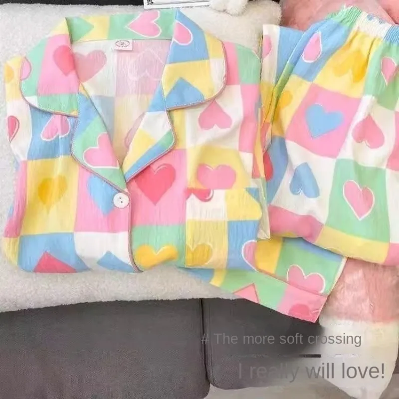 

Y2K Streetwear Love Plaid Colourful Women's Pajamas Autumn New 2025 Long Sleeve Fashion 2 PC Set Loungewear Korean Sweet Pajamas