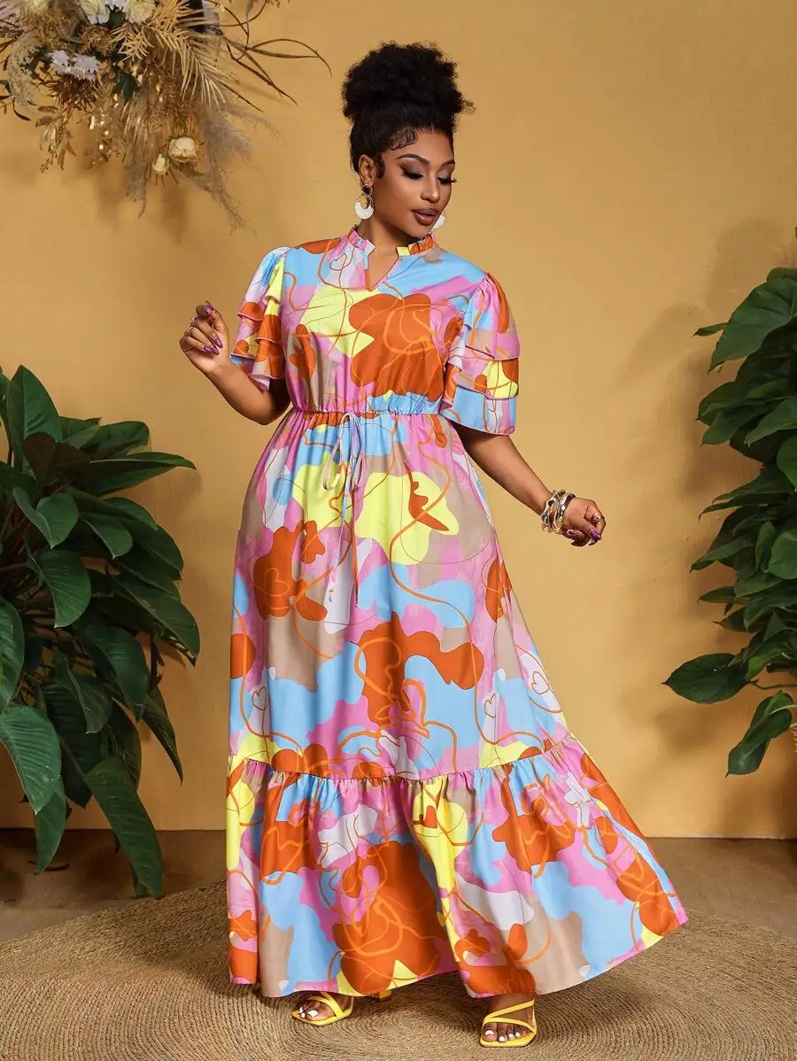 

Plus Size Summer Floral Print Ruffle Tiered Maxi Dress Beach Holiday Boho Sundress