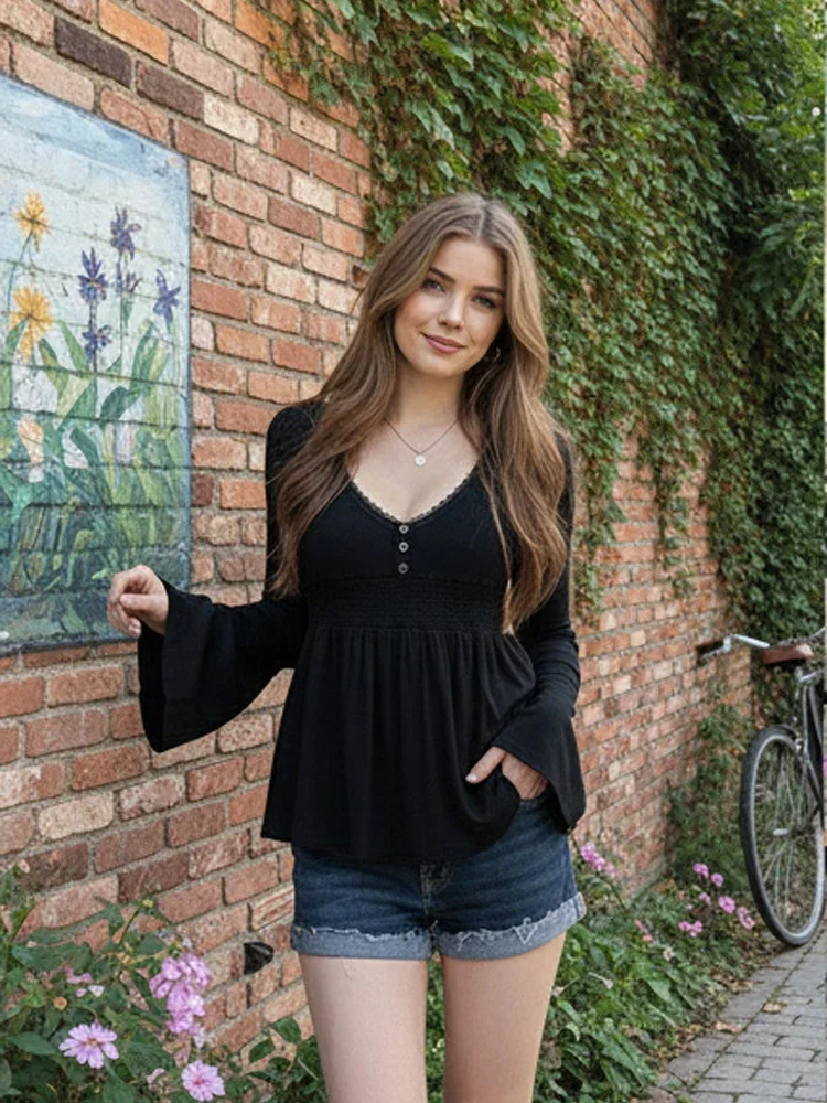 Elegant Lace Babydoll Blouse Women V Neck Bell Sleeve Lace Trim Smocked Waist Office Daily Commute Top
