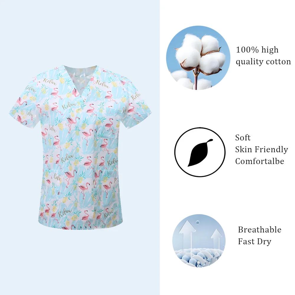 여성용 귀여운 동물 & 꽃무늬 프린트 V넥 클리닉 스크럽 반팔 패치 포켓 상의 수술복 남성용 의료 유니폼