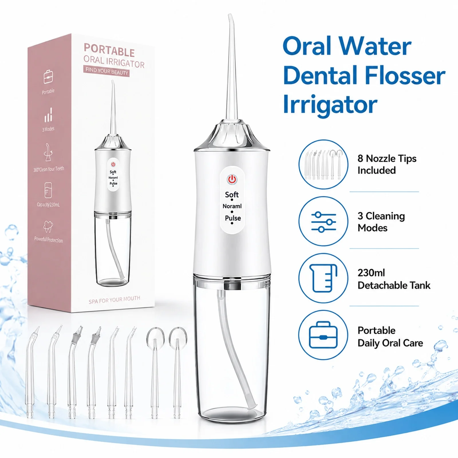 Oral Water Dental Flosser Irrigator, Cordless 8 Tips, USB Rechargeable, IPX6 Waterproof, 3 Modes, 230ml Tank, Braces & Travel