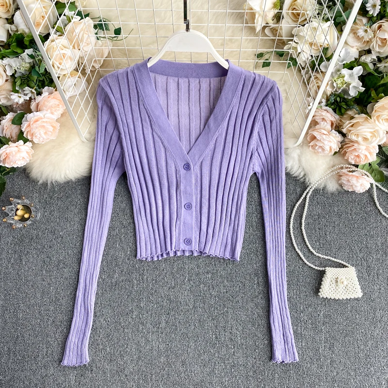 New Stretch Slim Solid V-neck Long Sleeve Ribbed Knitted Cardigan Thin Single Breasted Sweater Multi Color Short Crop Top