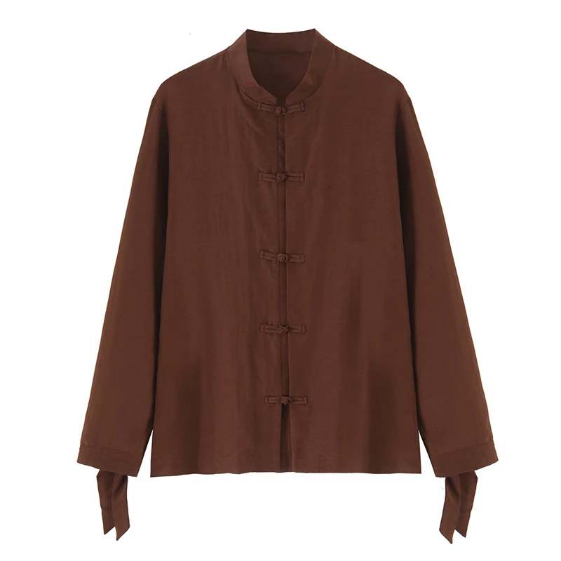 Guobioziy Women New Chinese Style Blouse Stand Collar Frog Knot Buttons Long Sleeve Shirt Retro Solid Brown Linen Texture Top