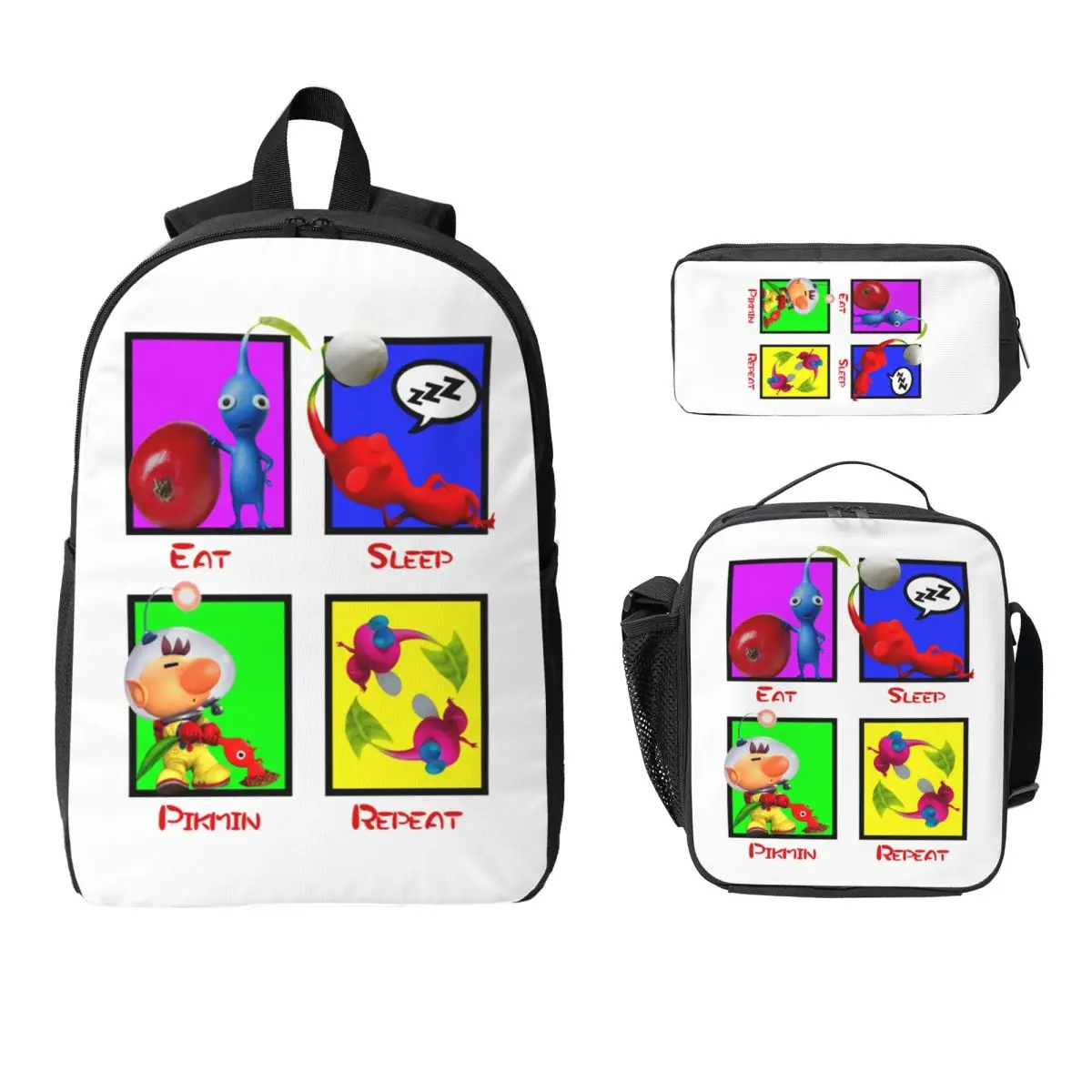 Eat Sleep Pikmin Repeat Backpack Student Boys Girls BookBag School Bag Laptop Shoulder Bags 3ps Insulated Lunch Bag Pencil Case
