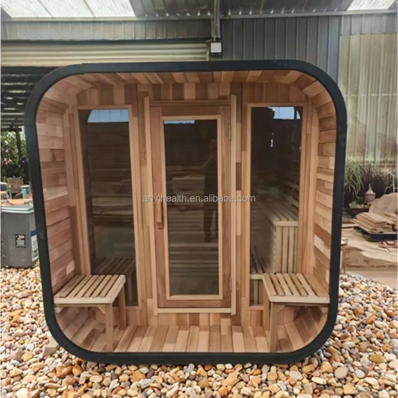 Traditional 4-6Person Outdoor Sauna Room 6kW Stove Red Cedar Square Sauna House Far Infrared Steamer Includes Control Panel