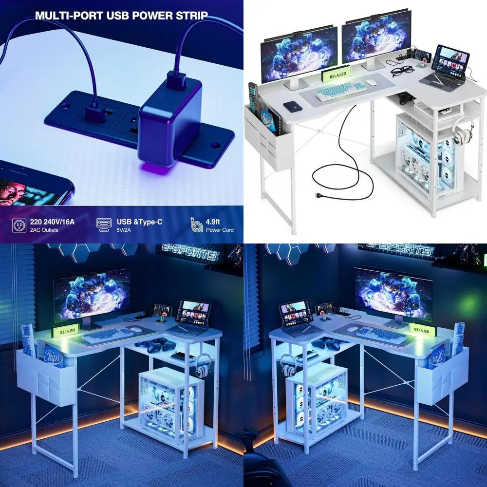 

48 White Carbon L-Shaped Gaming Desk with Power Outlets, Reversible Shelves, Storage for Home Office and PC Gaming