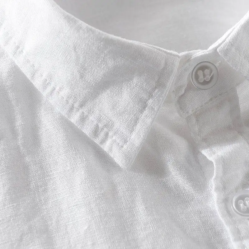 Spring Summer Men's Casual Lightweight Short Sleeve Linen Cotton Shirt Loose Fit Long Sleeve Outerwear Top in White
