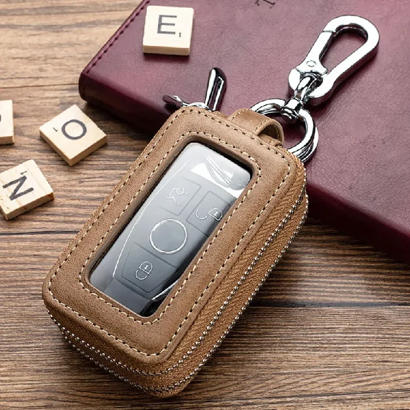 Genuine Cow Leather Home Car Keys' Bag Double Pocket Zipper Mini Wallet Earth Yellow Men Women's Key Holder Transparent Pocket 2