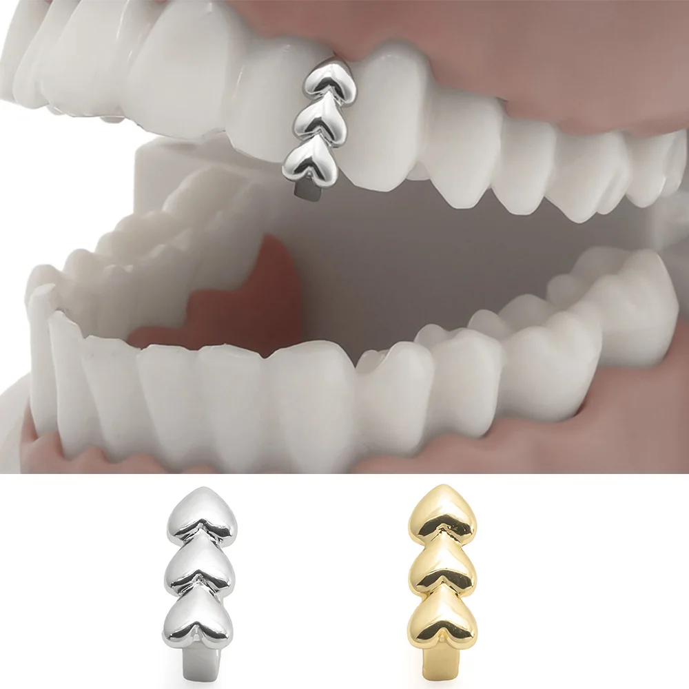 YOUNGX Hip Hop Three Heart Teeth Grillz Braces Niches Design Small Tree Shape Tooth Caps For Women Men Jewelry Couple Gift