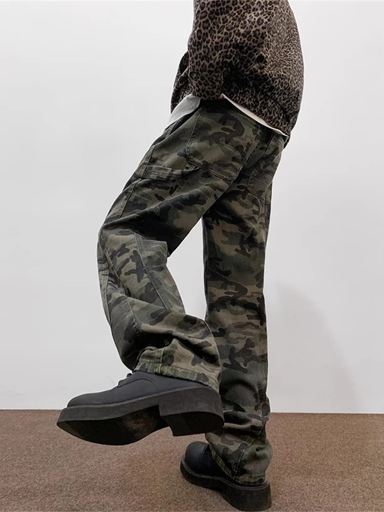 

American High Street Vibe Camouflage Loose Straight Leg Hiphop Jeans Men's Retro Logging Workwear Denim mid Waist Zipper