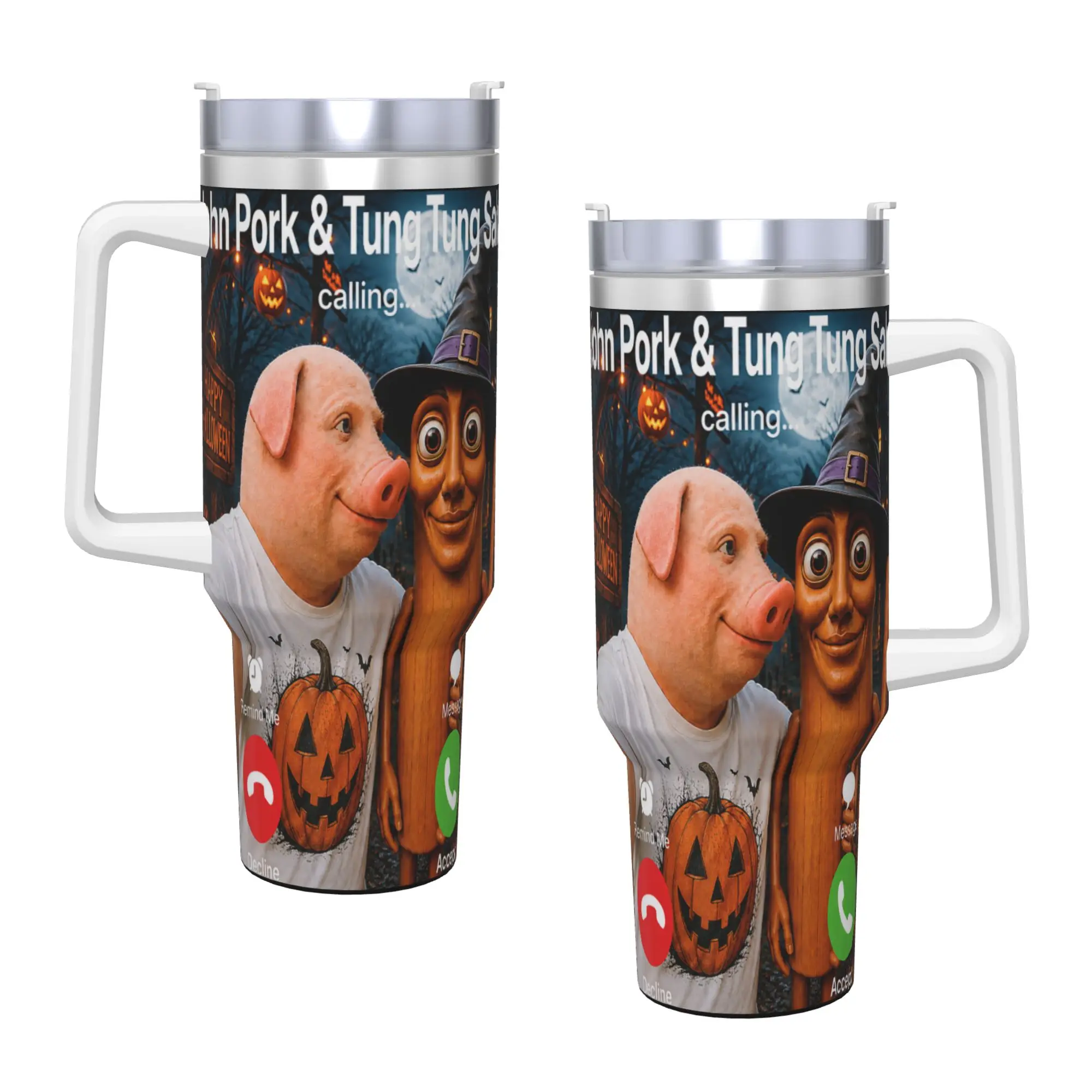 John Pork Tung Tung Sahur Calling Funny Halloween Brainrot Stainless Steel Tumbler  Travel Car Mugs Large Thermal Mug