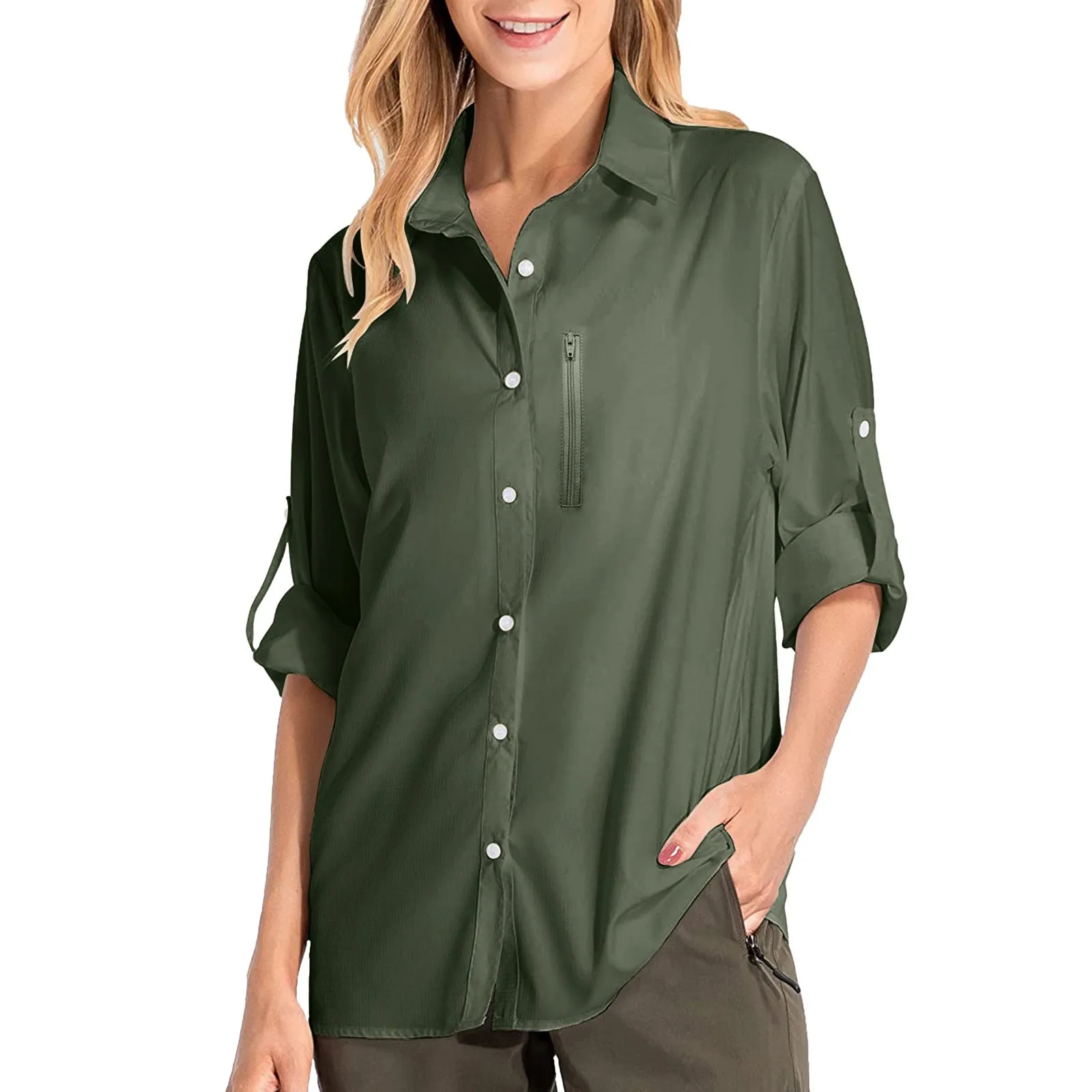 Camicie anti-uv da donna in tinta unita camicia da esterno semplice a maniche lunghe con protezione solare Upf50 + maglietta da trekking femminile con protezione solare