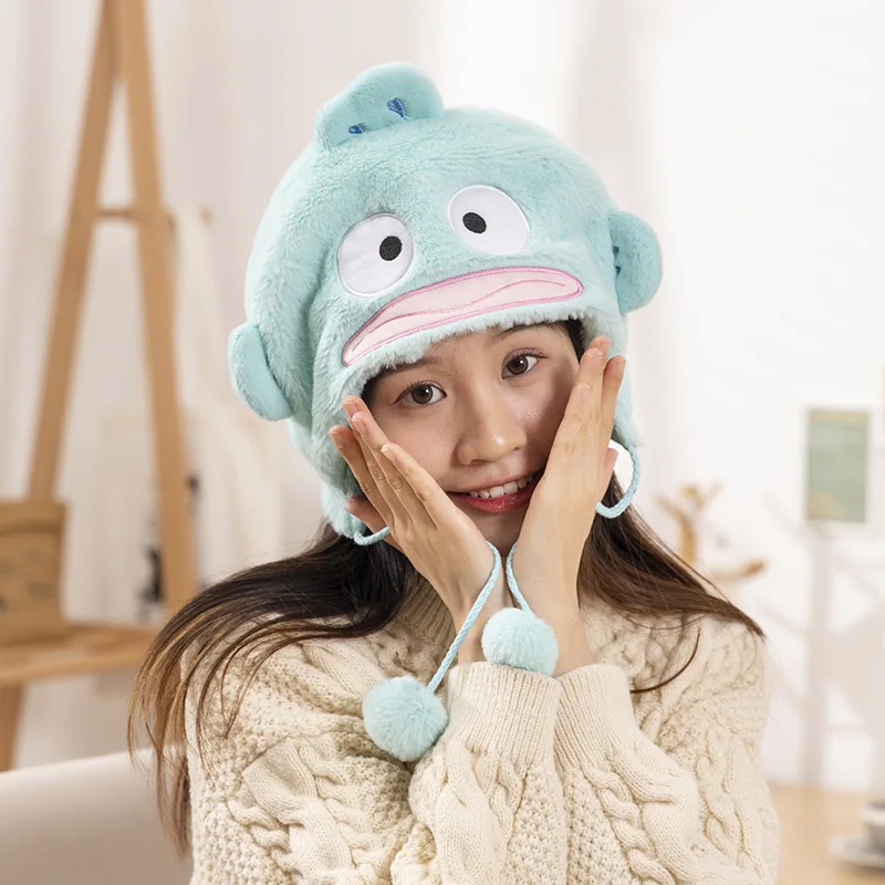 Kawaii Anime Sanrio Warm Hat Hangyodon Plush Hat Autumn/winter Thickened Plush Ear Protection Hat Girls Gift