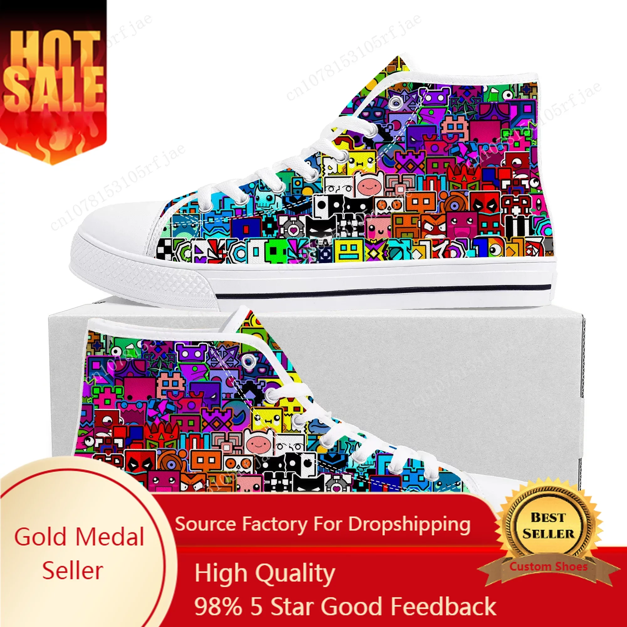 Geometry Dash High Top Sneakers Cartoon Game Mens Womens Teenager High Quality Fashion Canvas Shoes Casual Tailor Made Sneaker