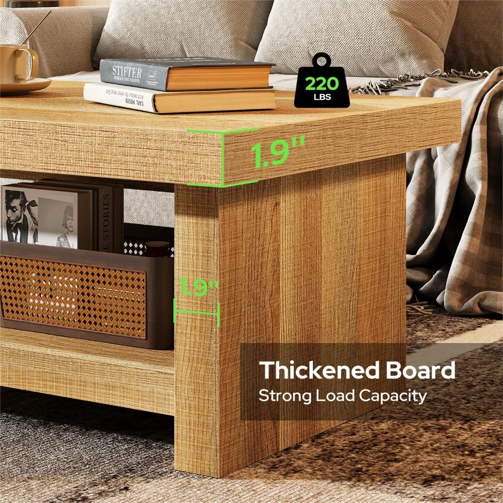 47-Inch Farmhouse Style Rectangular Coffee Table with Thick Base for Living Room and Low Cocktail Tea Serving