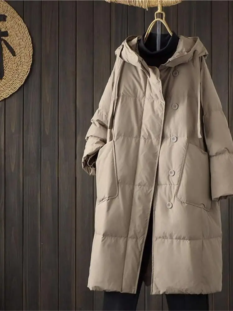 

Высококачественный белый пуховик с капюшоном средней длины, однотонный, оверсайз, комфортный, модный, повседневный, стильный зимний пуховик