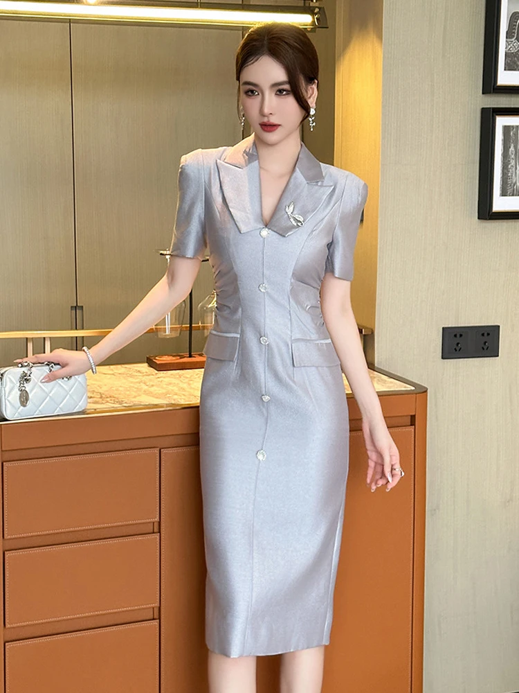 Summer Fashion Work Style Formal Pencil Dress Women Elegant Office Commute Retro Short Sleeve Slim Midi Vestidos Street Clothes