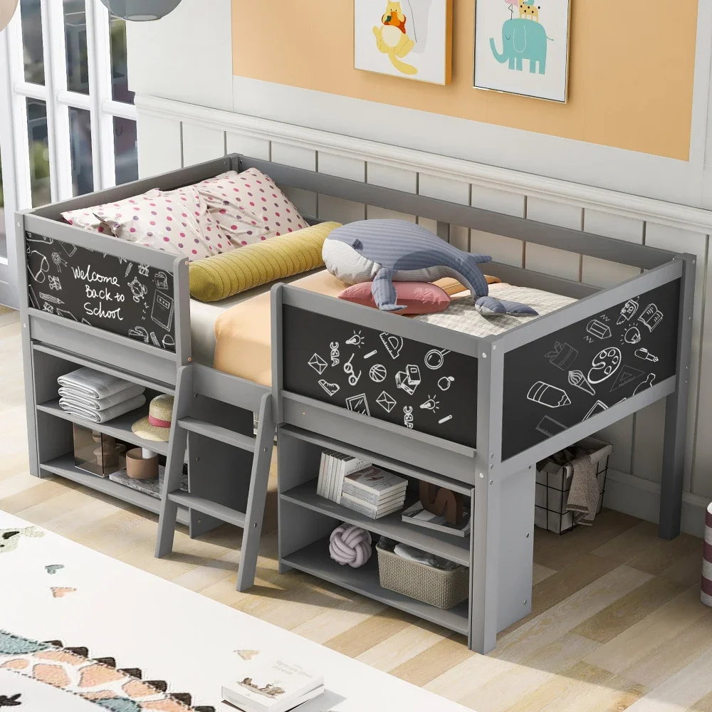 Children Beds Twin Size Low Loft Bed with Two Movable Shelves and Ladder,with Decorative Guardrail Chalkboard,Gray Wooden Bed