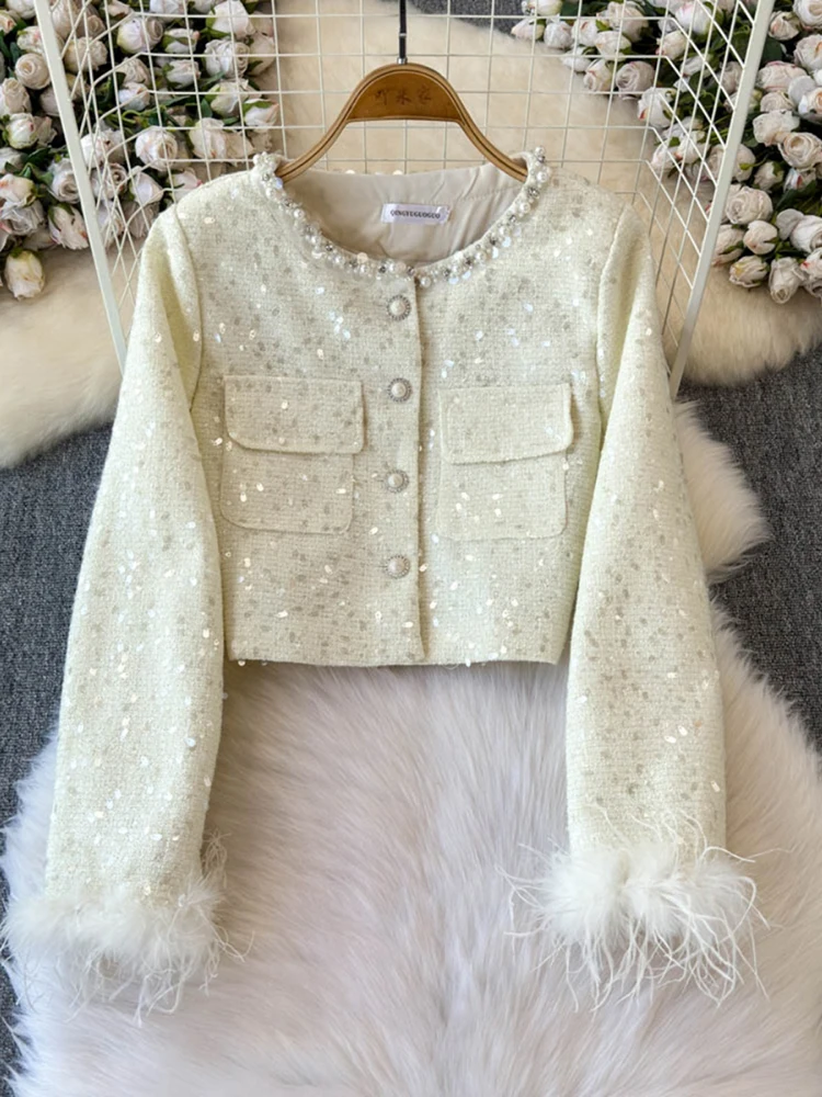 Koreański styl szykowny okrągły dekolt paznokci koralik frędzle krótka kurtka + wysoka talia gruba tweedowa owinięta spódnica biodrowa zestaw damski temperament