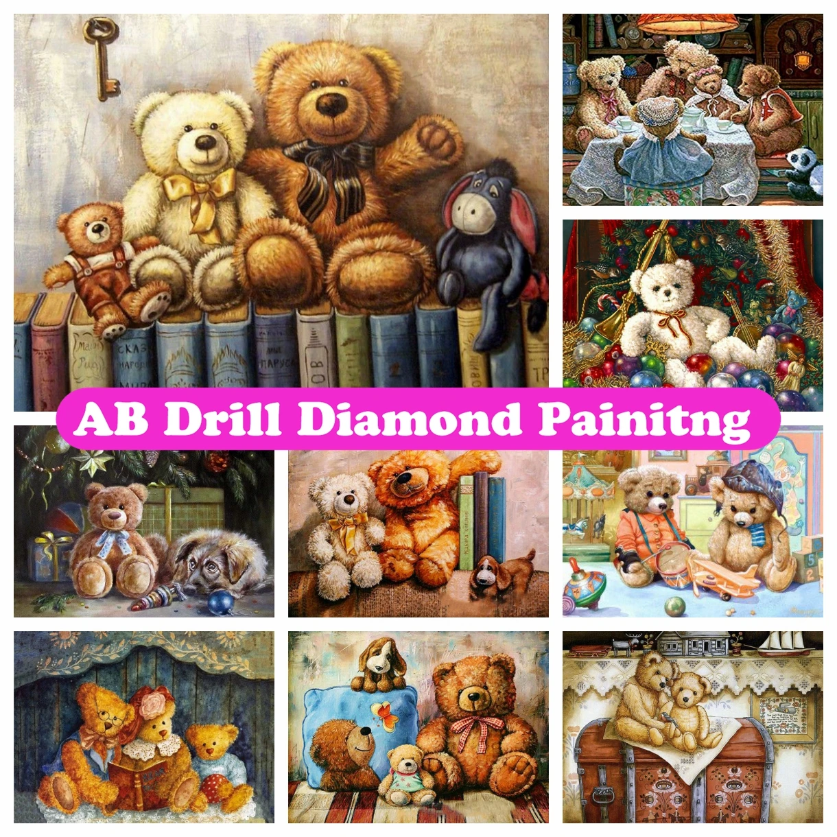 

Vintage Teddy Bears 5D DIY AB Diamond Painting Cartoon Cross Stitch Full Diamond Embroidery Mosaic Rhinestones Kids Room Decor
