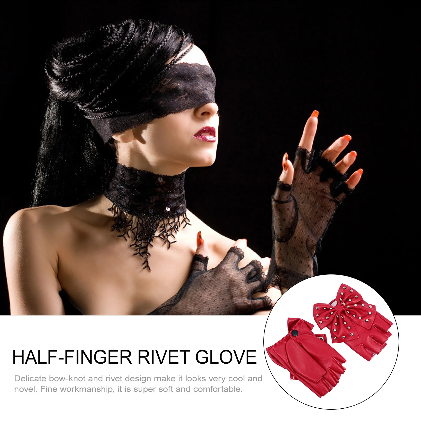 1 par de guantes Retro con remaches y lazo de medio dedo, guantes para escenario de Navidad y Año Nuevo, guantes con remaches