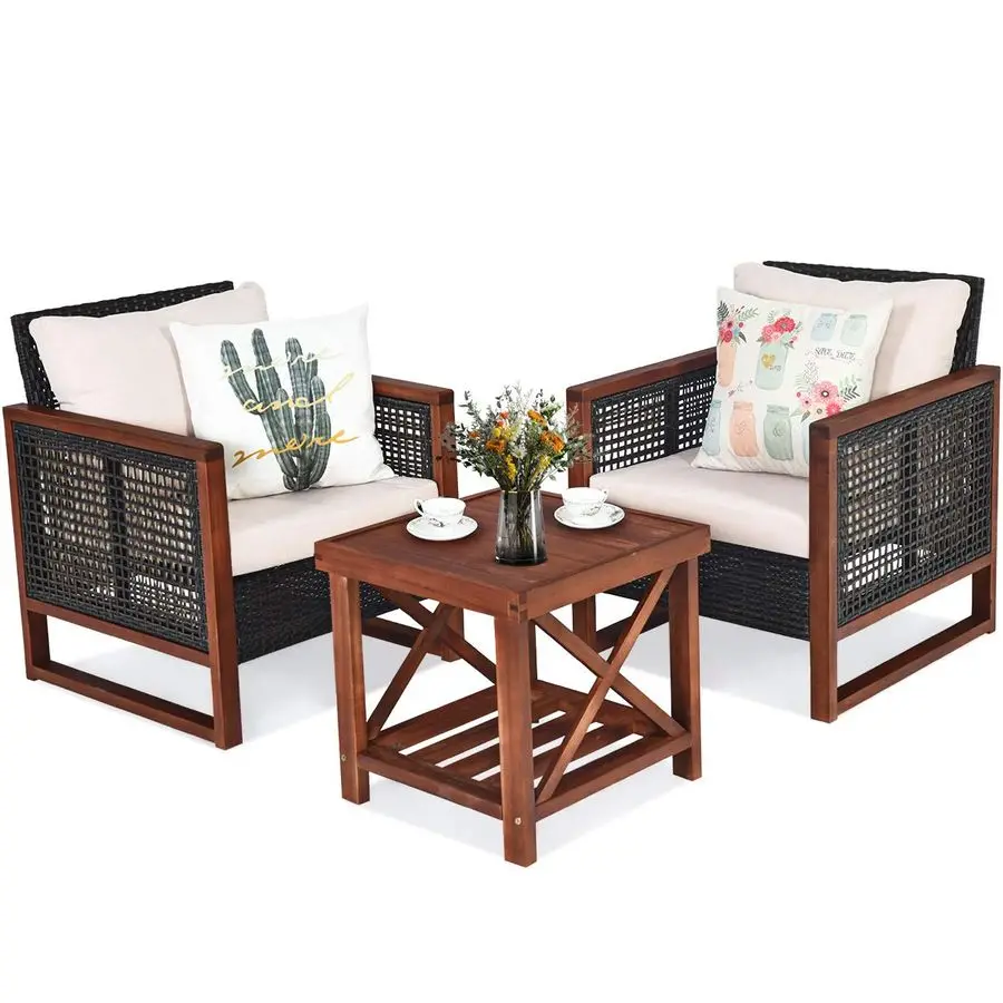 3 Pieces Patio Wicker Furniture Set, Rattan Outdoor Sofa Set w Washable Cushion amp Acacia Wood Coffee Table, Conversation Bistr