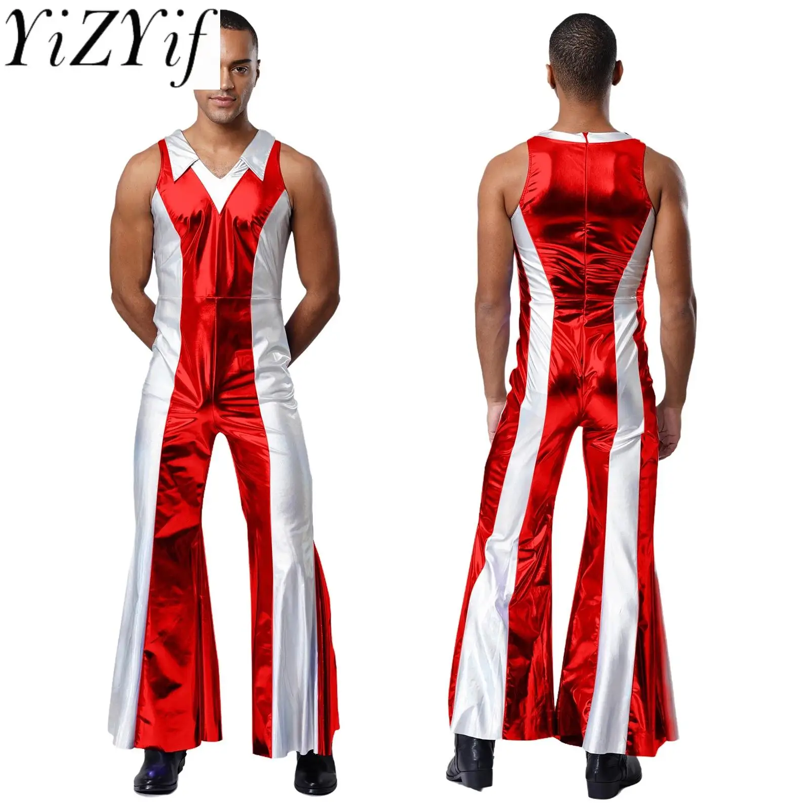 Męski stylowy metaliczny kombinezon taneczny bez rękawów z rozszerzanymi długimi nogawkami, idealny na Halloween, imprezy, przebrania astronauty lub kosmity.