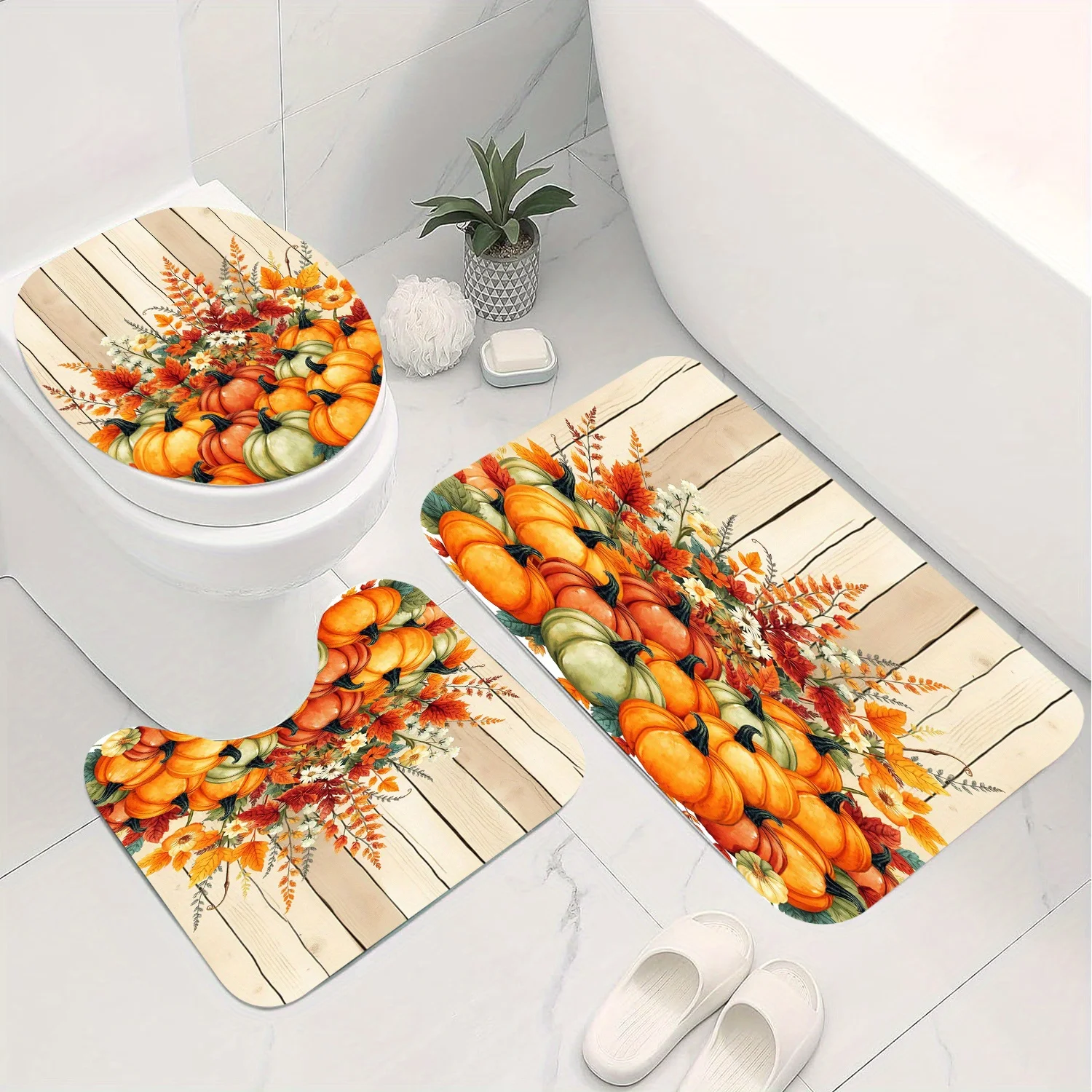 3pcs Fall Thanksgiving Autumn-themed Bathroom Rug Set. Made of soft flannel, including bathroom mats, toilet seat covers, and to