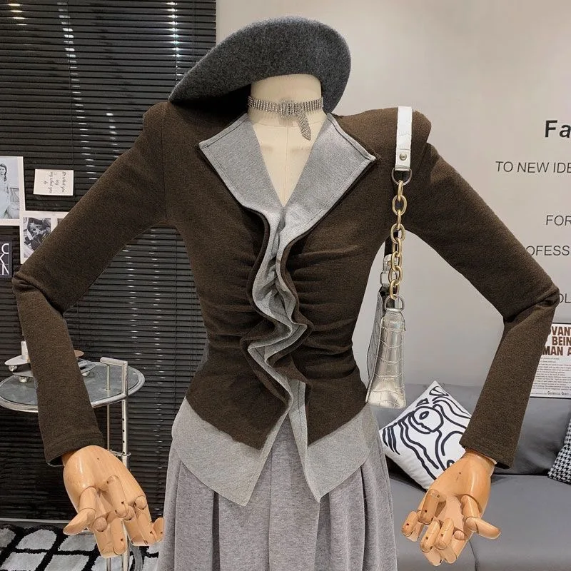 

Корейская ретро-футболка с цветными блоками, имитирующая двухслойность, женская, с длинным рукавом, на флисовой подкладке, утягивающая, с плиссировкой, базовая