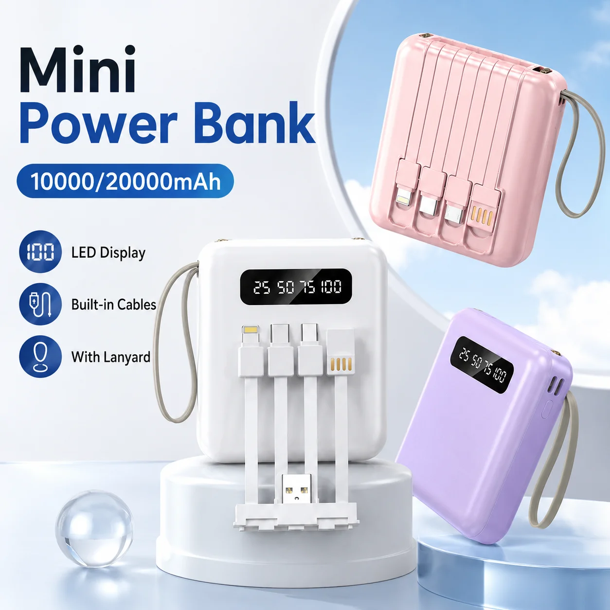 Tragbare Mini-Powerbank mit 20000 mAh, LED-Digitalanzeige und Ladekabel, universeller externer Telefonakku für alle Smartphones
