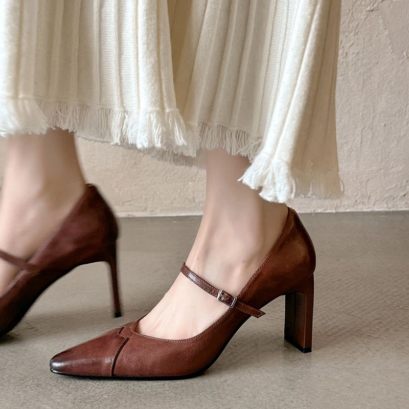 NEW Spring/Autumn Women Pumps Genuine Leather Shoes for Women Pointed Toe High Heel Shoes Shallow Buckle Strap Mary Janes Shoes