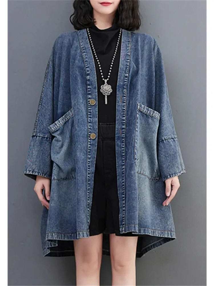 Vintage V-Neck Big Pocket Denim Jacket Women\'s 2023 Spring Autumn New Loose Oversized Long Windbreaker Jean Jackets Outerwear