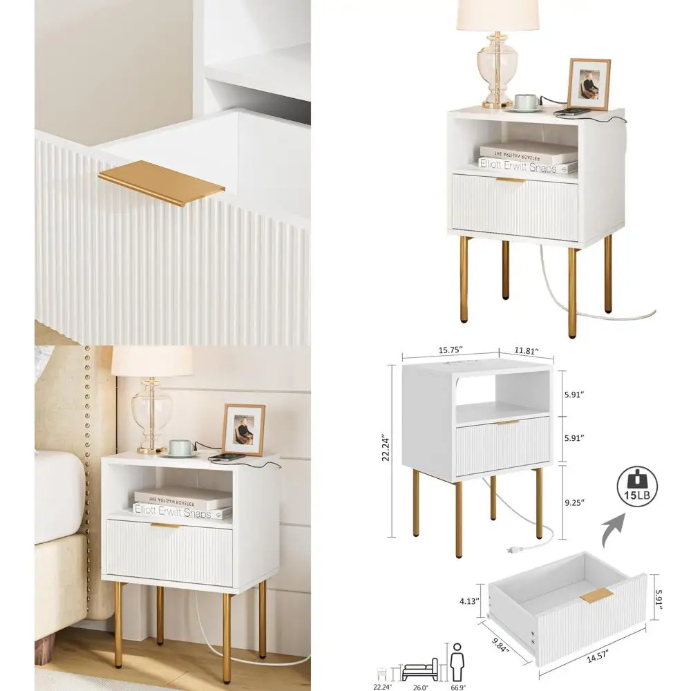 

Прикроватная тумбочка в стиле Mid-Century Modern с зарядной станцией, выдвижным ящиком и открытой полкой для спальни и гостиной (белая)