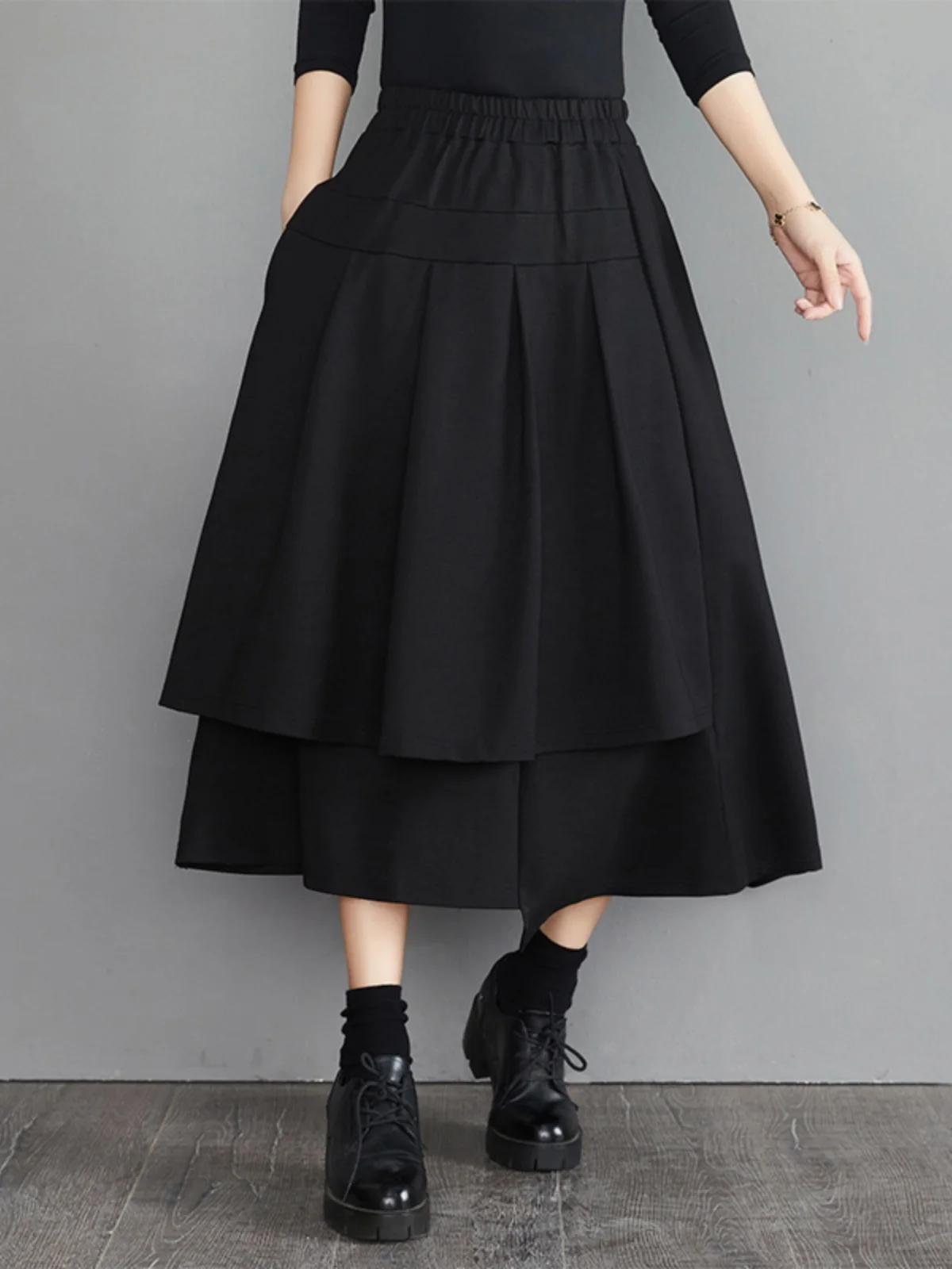 Rok model A-line #3029, rok A-line palsu hitam, rok pinggang tinggi, rok A-line longgar, rok Streetwear tak biasa, warna hitam